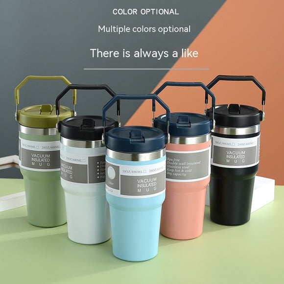 Portable Car Cup, Stainless Steel Travel Sports Water Bottle with Handle Cover, Coffee Tumbler Cup