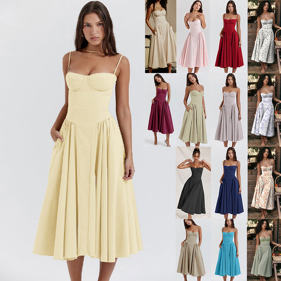 European and American Elegant Palace Style, New Low-cut Suspender, Large Swing Dress for Women