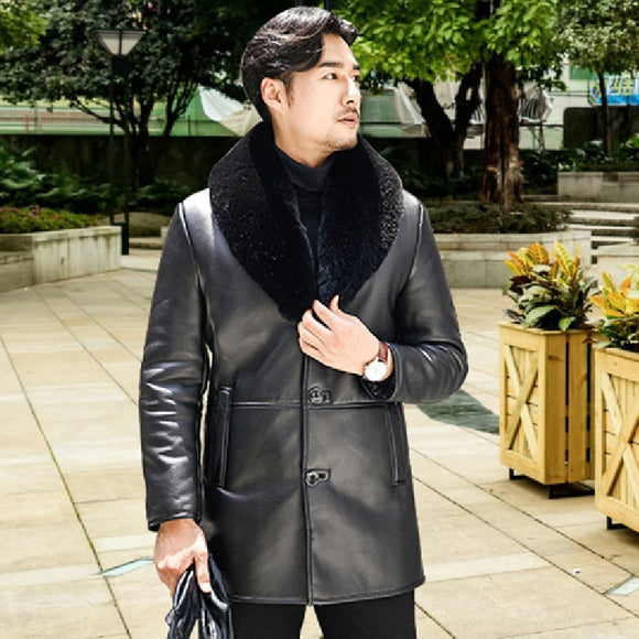 Winter Big Fur Collar Men's Leather Coat, Padded Fleece Jacket