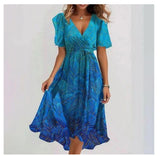 Chiffon Printed Short Sleeve Dress, Summer Elegant V-neck Frock, Women's Clothing