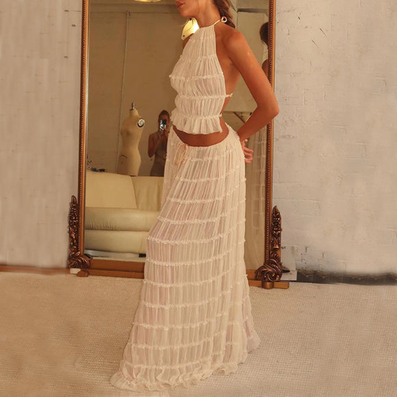 2 Pcs Women's Dress Suit, Sexy Sleeveless Backless Cropped Halter Top and Pleated Long Gown