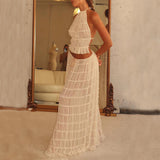 2 Pcs Women's Dress Suit, Sexy Sleeveless Backless Cropped Halter Top and Pleated Long Gown