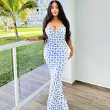 Fashion Flowers Print Suspender, Long Dress, Summer Lace-up Slim Backless Skirt for Women