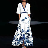 Summer V-neck Split Short-sleeved Fashion Flower Print A-line Long Dresses, Party Club Beach Clothing for Women