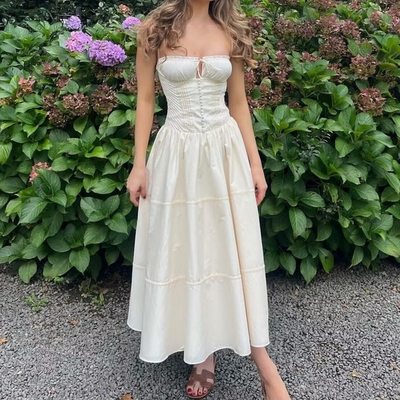Women's French Suspender Long Dress, Button Lace-up Temperament Slim, Summer Seaside Vacation, Beach Dresses