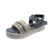 Fashion Tassel Denim Sandals with Thick-soled Flat Heels, New Summer Hemp Rope Sole Ethnic Style Shoes for Women
