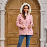 Ladies’ Warm Hooded Coat with Fur Collar and Fleece Padding