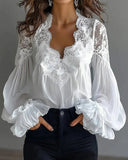 Women’s Lace Patchwork Pleated Shirt with Ruffle Shoulders