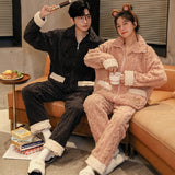 Couples' Autumn Winter Pajama Set, Thick Coral Fleece, K-fashion - Zippered Top and Matching Bottoms