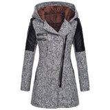 Women’s Warm Slim Wool Coat – Thick Full-zip Hooded Winter Windbreaker with Diagonal Zipper