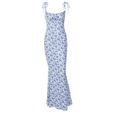 Fashion Flowers Print Suspender, Long Dress, Summer Lace-up Slim Backless Skirt for Women
