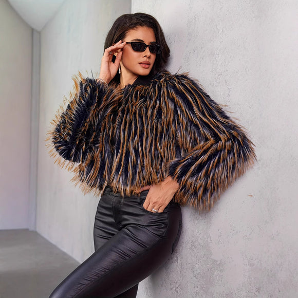 Winter Warm Contrast Color, Women's Fur Jacket
