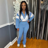 Contrast Color Casual Sportswear Set – Top with Elastic Drawstring and Pants