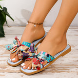 Ribbon Bow Sandals, Summer New Square Toe Low Heel Sandals for Women, Slides Fashion Casual Beach Shoes