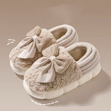 Big Bow-knot Fluffy Winter Warm Covered Heel Cotton Thick-soled Platform Slippers, Indoor and Outdoor Garden Walking Shoes