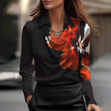 Women’s Satin Draped Swing Collar Blouse – Elegant Solid Long-sleeve Office Top for Spring
