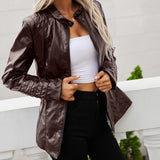 Stand-up Collar Zippered, Long-sleeved Solid Color, Women's Leather Jacket