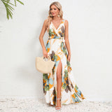 V-neck Floral Print Long Dress, Summer Fashion Waist Tie Slit Design Sleeveless Gown for Women