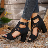 New High Square Heel Hollow Roman Shoes with Back Zipper Design, Summer Fashion Sandals for Women