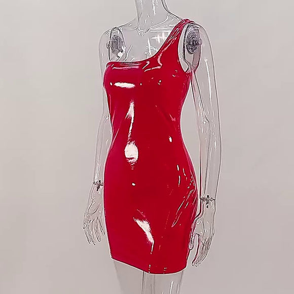 Bright Leather One-shoulder Breast-packed Hip Skirt