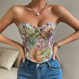 Y2K Floral Print Tube Vest Top with Back-tied Design, INS Fashion Crop Corset Tank