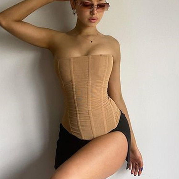 Skinny Sleeveless Tube Top, Women's Summer New Mesh Crop Tank, Party Streetwear Chest Corset