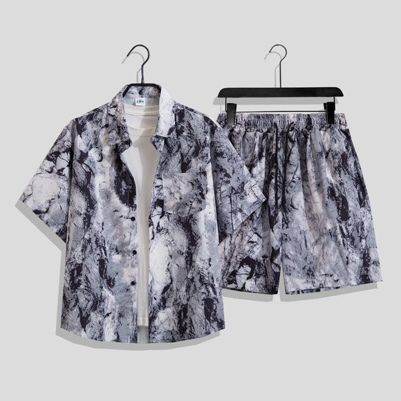 Hong Kong Style Retro Short Sleeve Printed Shirt + Shorts Set