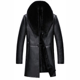 Winter Big Fur Collar Men's Leather Coat, Padded Fleece Jacket