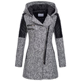 Women’s Warm Slim Wool Coat – Thick Full-zip Hooded Winter Windbreaker with Diagonal Zipper