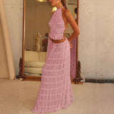 2 Pcs Women's Dress Suit, Sexy Sleeveless Backless Cropped Halter Top and Pleated Long Gown
