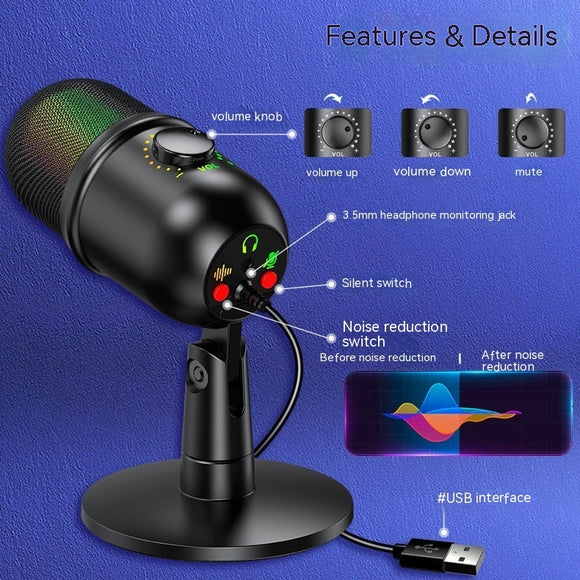 USB 100HZ-20KHZ RGB, Live Microphone