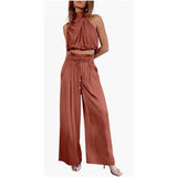 Casual Sleeveless Midriff-baring, Top and Wide Leg Pants, 2 Pcs Set, Summer Suits Women's Clothing
