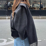 Wool-blend Coat with Striped Tassel Scarf Collar