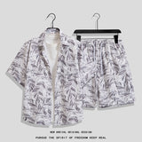 Hong Kong Style Retro Short Sleeve Printed Shirt + Shorts Set