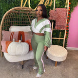 Contrast Color Casual Sportswear Set – Top with Elastic Drawstring and Pants