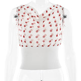 Polka Dots Print Oblique Shoulder Tops, Summer Patchwork Chiffon Women's Sleeveless Lace-up Backless Blouse, Casual Streetwear Tee