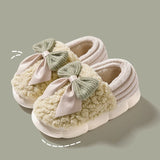 Big Bow-knot Fluffy Winter Warm Covered Heel Cotton Thick-soled Platform Slippers, Indoor and Outdoor Garden Walking Shoes