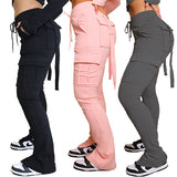 Cargo Pants with Pockets, High Waist Drawstring Wide Leg Straight Trousers for Women Overalls