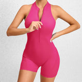 Zippered Yoga Fitness Shorts Jumpsuit, Sleeveless Tummy Control Stretch Shapewear, Butt Lifting Sportswear for Women