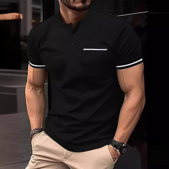 Solid Color Classic Button Stitching, Short Sleeve Men's Tee
