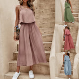 Women's Summer Solid Color Vacation Loose Suit, Backless Strap Thin Romper Streetwear, INS One-piece Outfit Beach Style, Striped Wide Leg Trousers Casual Dress