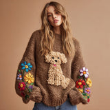 Women’s Crew Neck Chunky Knit Sweater with 3D Floral Embroidery – Long Sleeve Winter Pullover