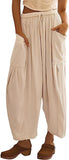 Stretched-waist Pleated High-waisted Wide-leg, Loose Casual, Cotton and Linen Long Pants