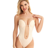 Deep V-neck Body Shaper, Backless U-plunge Thong, Waist Trainer, Clear Strap Padded Corset